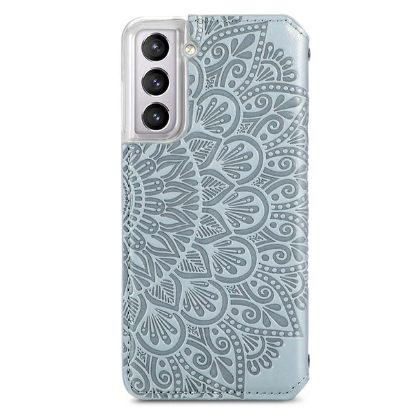 Samsung Galaxy S21 5G Blooming Mandala Embossed Pattern Magnetic Horizontal Flip Leather Case with Holder & Card Slots & Wallet(Grey)