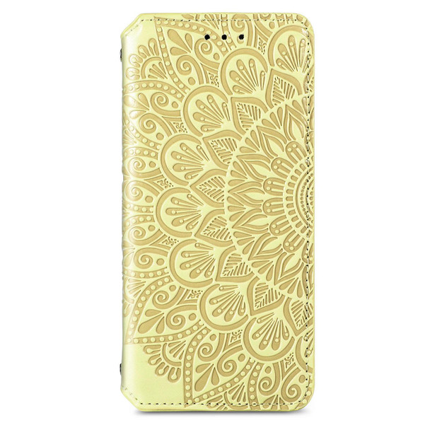 Samsung Galaxy S21 5G Blooming Mandala Embossed Pattern Magnetic Horizontal Flip Leather Case with Holder & Card Slots & Wallet(Yellow)