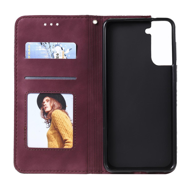 Samsung Galaxy S21 5G Lucky Flowers Embossing Pattern Magnetic Horizontal Flip Leather Case with Holder & Card Slots(Wine Red)