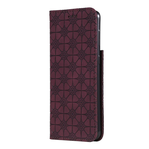 Samsung Galaxy S21 5G Lucky Flowers Embossing Pattern Magnetic Horizontal Flip Leather Case with Holder & Card Slots(Wine Red)