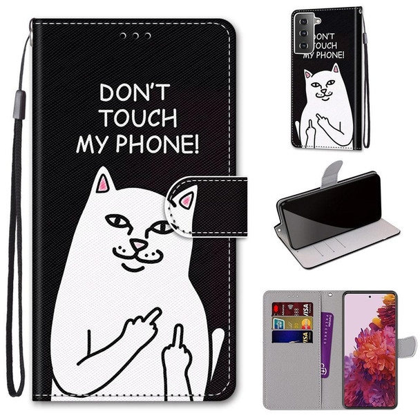 Samsung Galaxy S21 5G Coloured Drawing Cross Texture Horizontal Flip PU Leather Case with Holder & Card Slots & Wallet & Lanyard(Middle Finger White Cat)