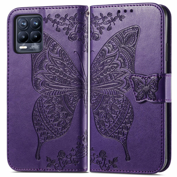 OPPO Realme 8 / 8 Pro Butterfly Love Flowers Embossed Horizontal Flip Leather Case with Holder & Card Slots & Wallet & Lanyard(Dark Purple)