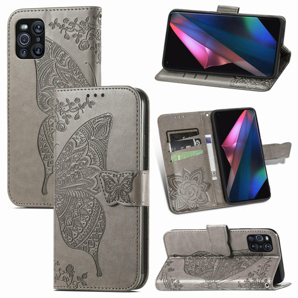 OPPO Find X3 Pro Butterfly Love Flowers Embossed Horizontal Flip Leather Case with Holder & Card Slots & Wallet & Lanyard(Gray)