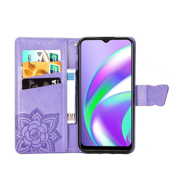 OPPO Realme C12 Butterfly Love Flower Embossed Horizontal Flip Leather Case with Holder & Card Slots & Wallet & Lanyard(Light Purple)