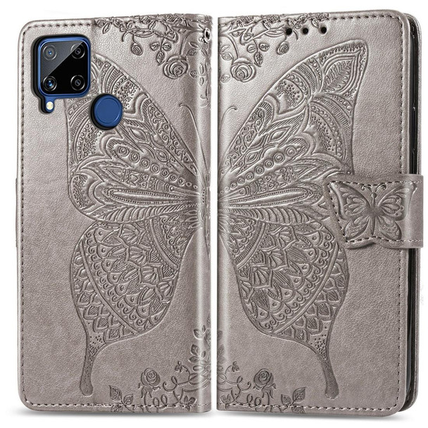 OPPO Realme C15 Butterfly Love Flower Embossed Horizontal Flip Leather Case with Holder & Card Slots & Wallet & Lanyard(Gray)