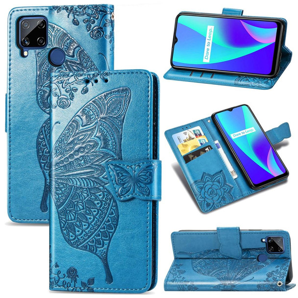 OPPO Realme C15 Butterfly Love Flower Embossed Horizontal Flip Leather Case with Holder & Card Slots & Wallet & Lanyard(Blue)