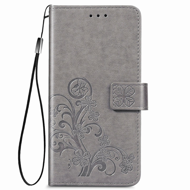 OPPO F17 Four-leaf Clasp Embossed Buckle Mobile Phone Protection Leather Case with Lanyard & Card Slot & Wallet & Bracket Function(Gray)