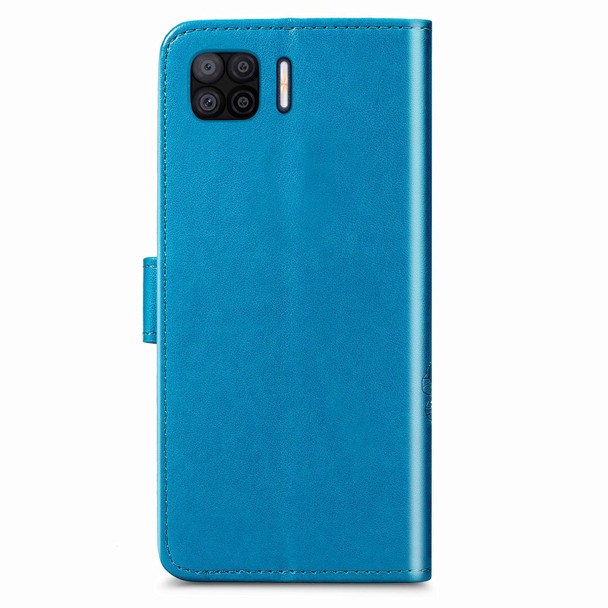 OPPO F17 Four-leaf Clasp Embossed Buckle Mobile Phone Protection Leather Case with Lanyard & Card Slot & Wallet & Bracket Function(Blue)