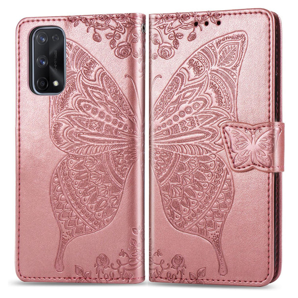 OPPO Realme X7 Butterfly Love Flower Embossed Horizontal Flip Leather Case with Bracket / Card Slot / Wallet / Lanyard(Rose Gold)