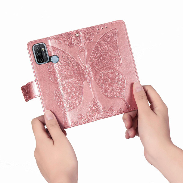 OPPO A53 2020 Butterfly Love Flower Embossed Horizontal Flip Leather Case with Bracket / Card Slot / Wallet / Lanyard(Rose Gold)