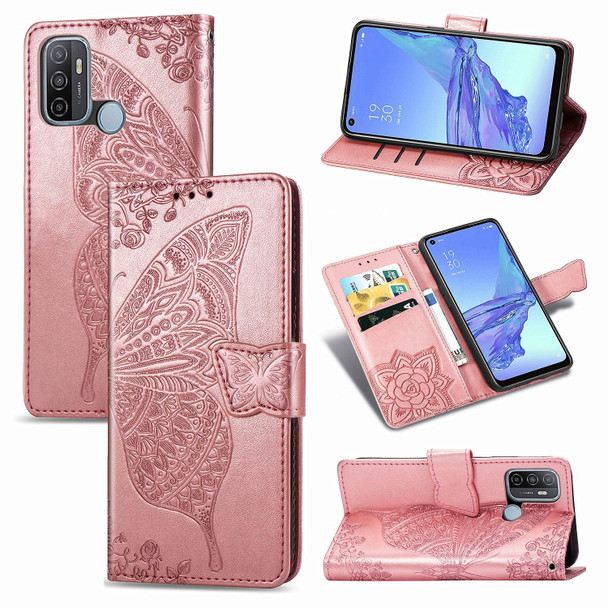 OPPO A53 2020 Butterfly Love Flower Embossed Horizontal Flip Leather Case with Bracket / Card Slot / Wallet / Lanyard(Rose Gold)