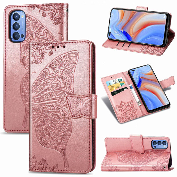 OPPO Reno 4 4G Butterfly Love Flower Embossed Horizontal Flip Leather Case with Bracket / Card Slot / Wallet / Lanyard(Rose Gold)