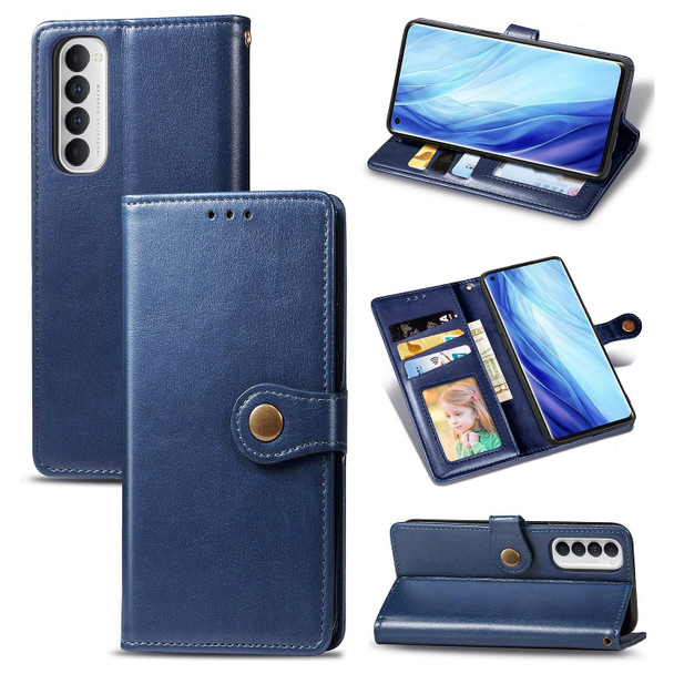 Oppo Reno4 Pro 4G Retro Solid Color Leather Buckle Phone Case with Lanyard & Photo Frame & Card Slot & Wallet & Stand Function(Blue)