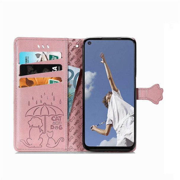 OPPO A52/A72/A92 Cute Cat and Dog Embossed Horizontal Flip Leather Case with Bracket / Card Slot / Wallet / Lanyard(Rose Gold)