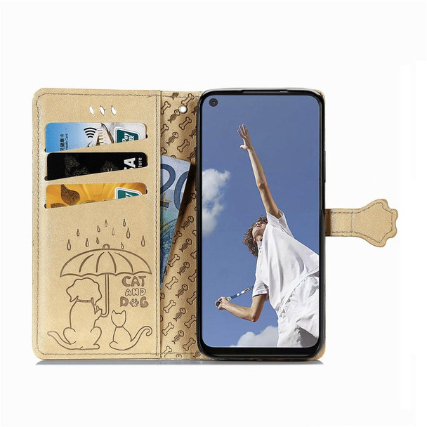 OPPO A52/A72/A92 Cute Cat and Dog Embossed Horizontal Flip Leather Case with Bracket / Card Slot / Wallet / Lanyard(Gold)