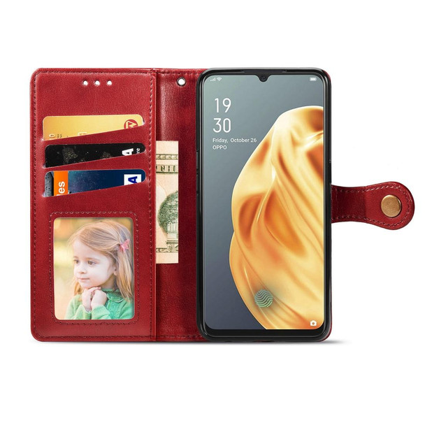 OPPO F15/A91 Retro Solid Color Leather Buckle Phone Case with Lanyard & Photo Frame & Card Slot & Wallet & Stand Function(Red)