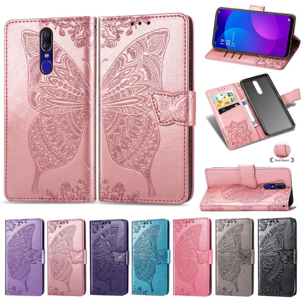 Butterfly Love Flowers Embossing Horizontal Flip Leatherette Case for OPPO F11, with Holder & Card Slots & Wallet & Lanyard(Rose gold)