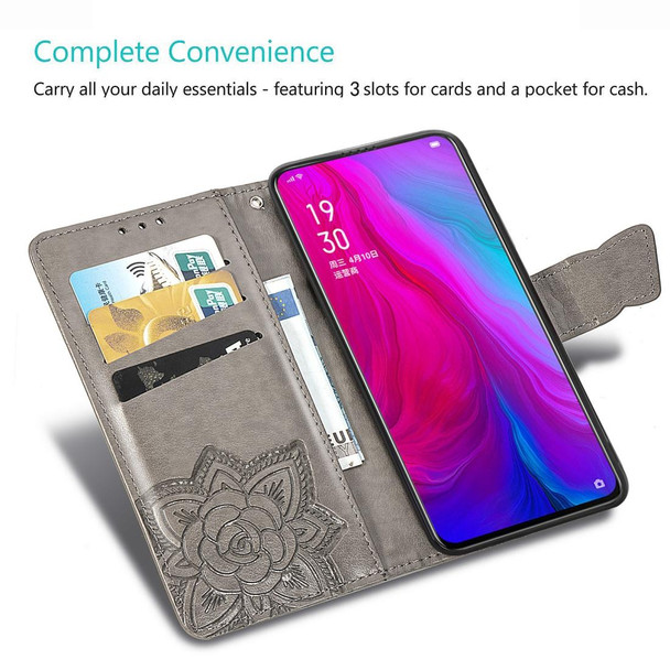 Butterfly Love Flowers Embossing Horizontal Flip Leatherette Case for OPPO Reno, with Holder & Card Slots & Wallet & Lanyard(Dark Purple)