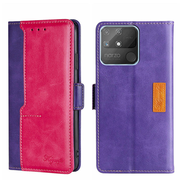 OPPO Realme Narzo 50A Contrast Color Side Buckle Leather Phone Case(Purple + Rose Red)