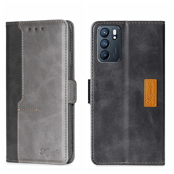 OPPO Reno6 5G Contrast Color Side Buckle Leather Phone Case(Black + Grey)