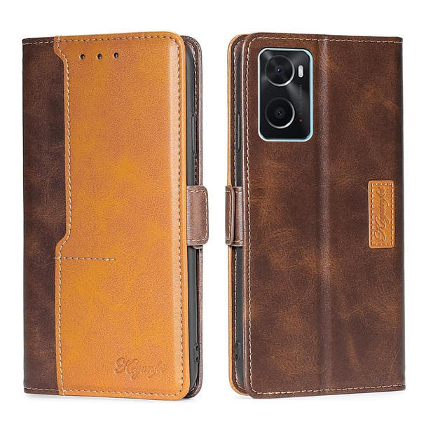 OPPO A36 4G/A76 4G Global Contrast Color Side Buckle Leather Phone Case(Dark Brown + Gold)