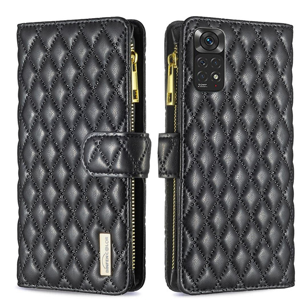 Xiaomi Redmi Note 11 / 11S Global Diamond Lattice Zipper Wallet Leather Flip Phone Case(Black)