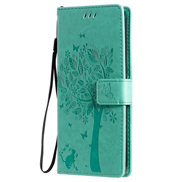 OPPO Realme 7 Pro Tree & Cat Pattern Pressed Printing Horizontal Flip PU Leather Case with Holder & Card Slots & Wallet & Lanyard(Green)