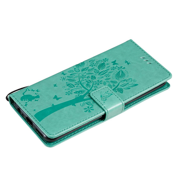 OPPO Realme 7 Pro Tree & Cat Pattern Pressed Printing Horizontal Flip PU Leather Case with Holder & Card Slots & Wallet & Lanyard(Green)