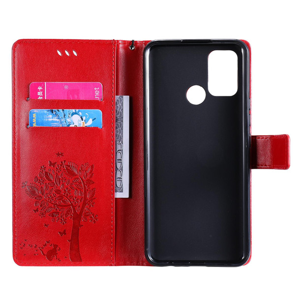 OPPO Realme 7i / C17 Tree & Cat Pattern Pressed Printing Horizontal Flip PU Leather Case with Holder & Card Slots & Wallet & Lanyard(Red)