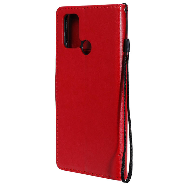 OPPO Realme 7i / C17 Tree & Cat Pattern Pressed Printing Horizontal Flip PU Leather Case with Holder & Card Slots & Wallet & Lanyard(Red)