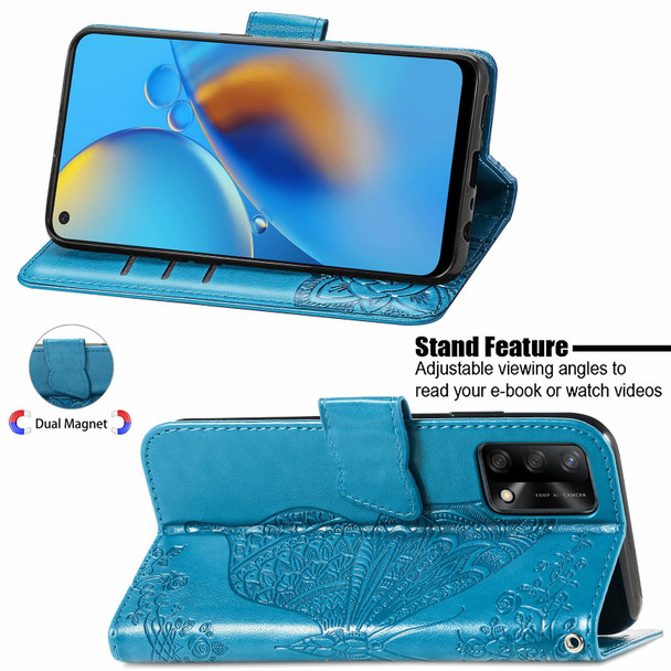OPPO F19 4G/ A74 4G Butterfly Love Flower Embossed Horizontal Flip Leather Case with Bracket / Card Slot / Wallet / Lanyard(Blue)