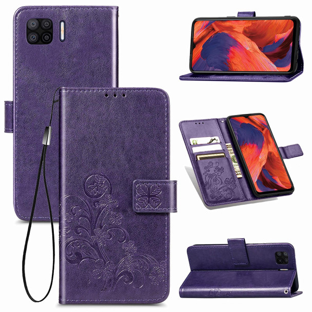 OPPO F17 Four-leaf Clasp Embossed Buckle Mobile Phone Protection Leather Case with Lanyard & Card Slot & Wallet & Bracket Function(Purple)