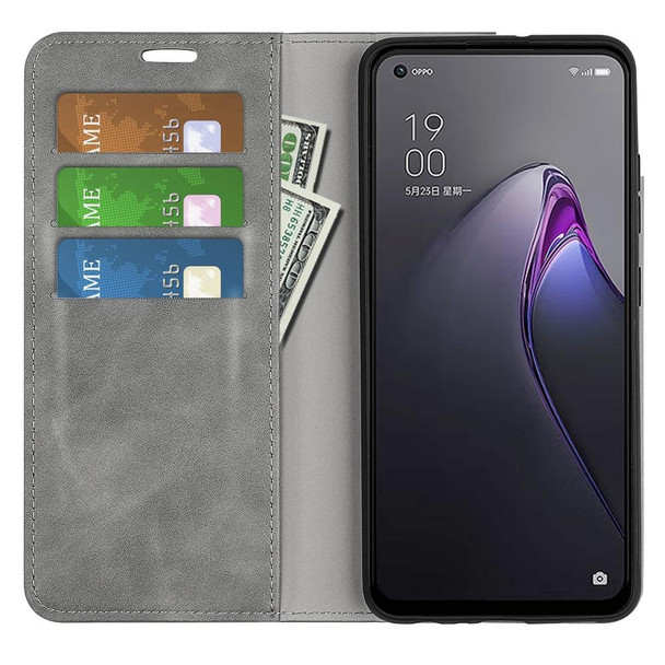 OPPO Reno8 Retro-skin Magnetic Suction Leather Phone Case(Grey)