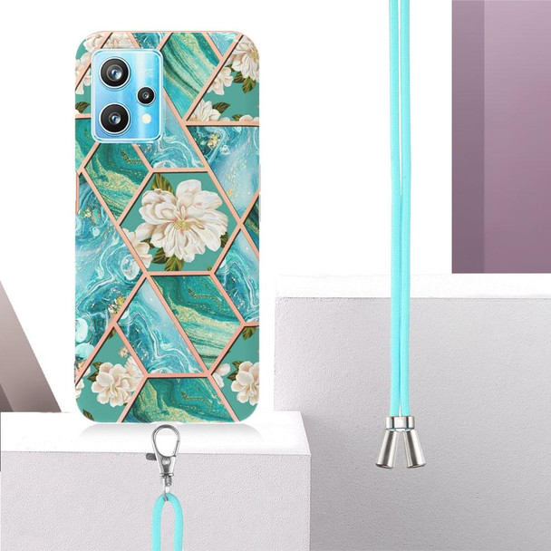 OPPO Realme 9 Pro+ 5G Splicing Marble Flower Pattern TPU Phone Case with Lanyard(Blue Flower)