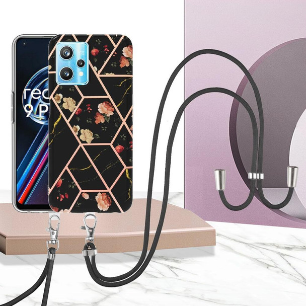 OPPO Realme 9 Pro 5G Splicing Marble Flower Pattern TPU Phone Case with Lanyard(Black Flower)