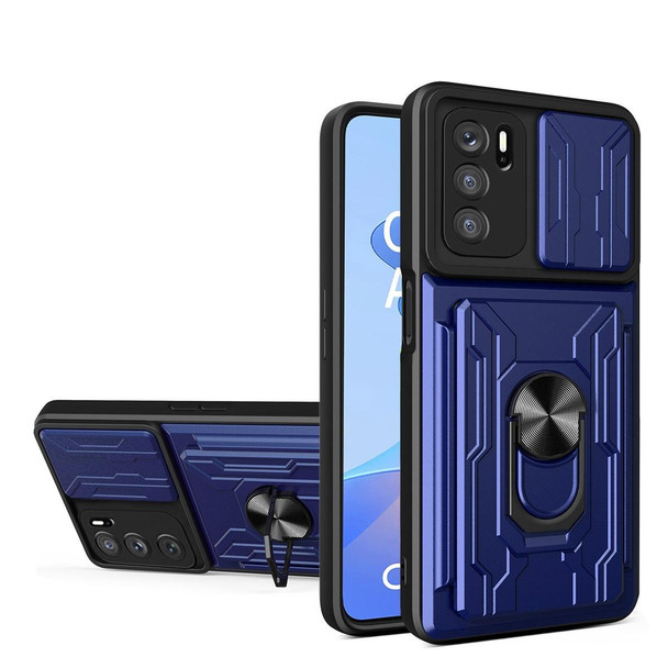 OPPO A16 Sliding Camshield TPU+PC Phone Case with Card Slot(Sapphire Blue)