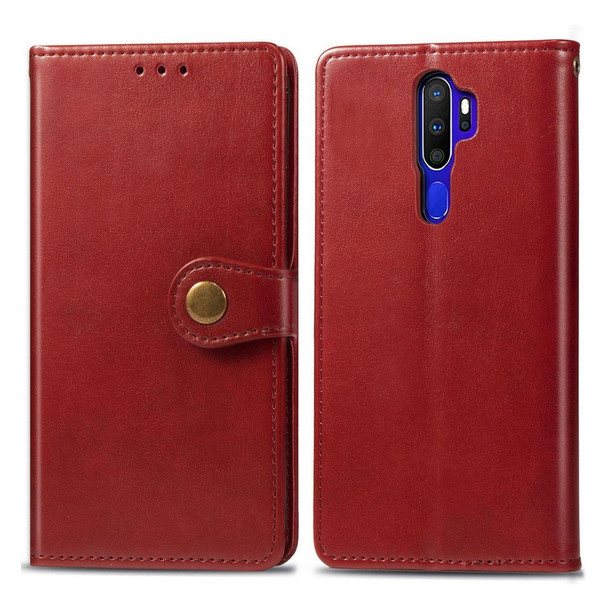 OPPO A5 2020 / A9 2020 Retro Solid Color Leather Buckle Phone Case with Lanyard & Photo Frame & Card Slot & Wallet & Stand Function(Red)