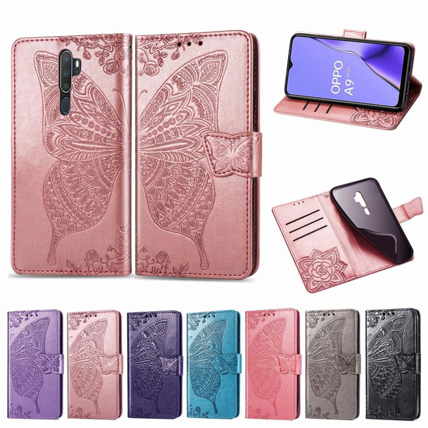 OPPO A5 (2020) / A9 (2020) Butterfly Love Flower Embossed Horizontal Flip Leather Case with Bracket Lanyard Card Slot Wallet(Blue)