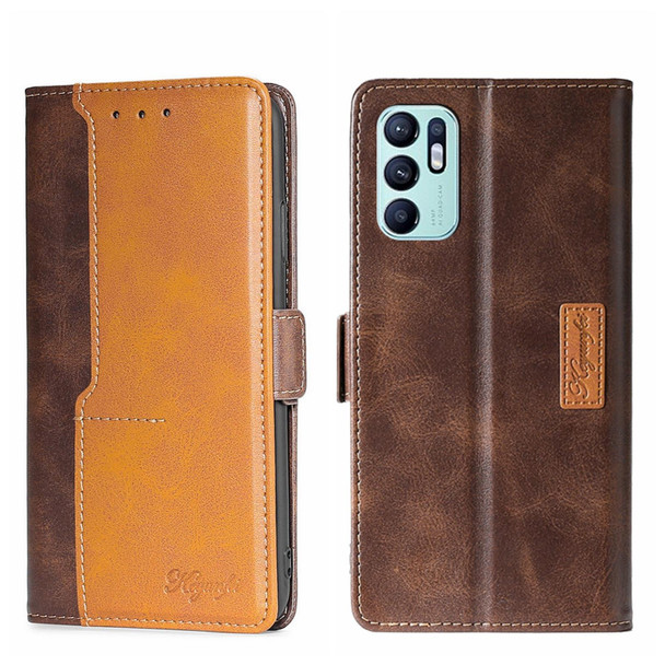 OPPO Reno6 4G Contrast Color Side Buckle Leather Phone Case(Dark Brown + Gold)