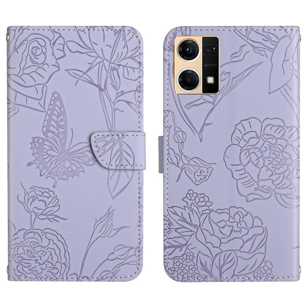 OPPO Reno7 4G Skin Feel Butterfly Peony Embossed Leather Phone Case(Purple)