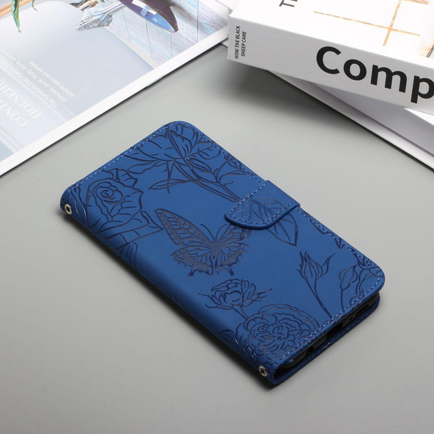 OPPO Reno7 4G Skin Feel Butterfly Peony Embossed Leather Phone Case(Blue)