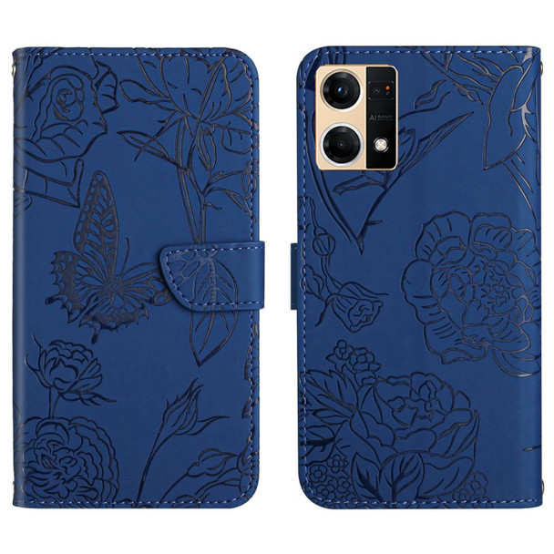 OPPO Reno7 4G Skin Feel Butterfly Peony Embossed Leather Phone Case(Blue)