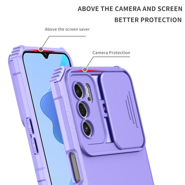 OPPO A16 Stereoscopic Holder Sliding Camshield Phone Case(Purple)