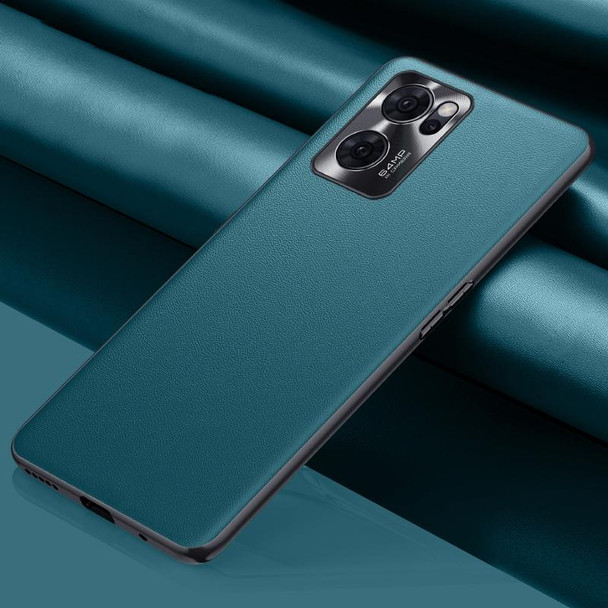 OPPO Reno7 Plain Skin Leather Phone Case(Cyan)