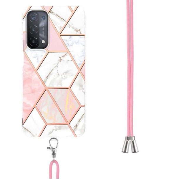 OPPO A74 5G / A93 5G / A54 5G / A93s 5G Electroplating Splicing Marble TPU Phone Case with Lanyard(Pink White)