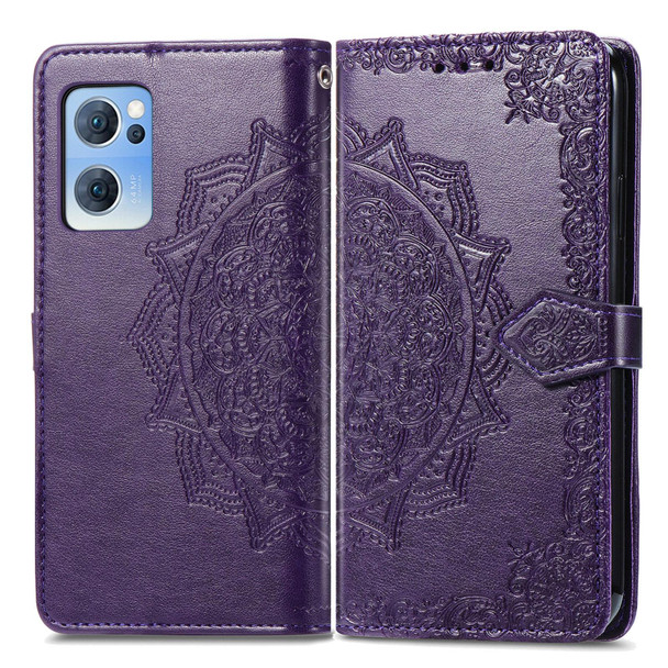 OPPO Reno7 5G Mandala Flower Embossed Flip Leather Phone Case(Purple)