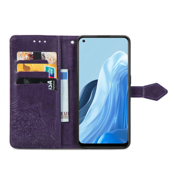 OPPO Reno7 5G Mandala Flower Embossed Flip Leather Phone Case(Purple)