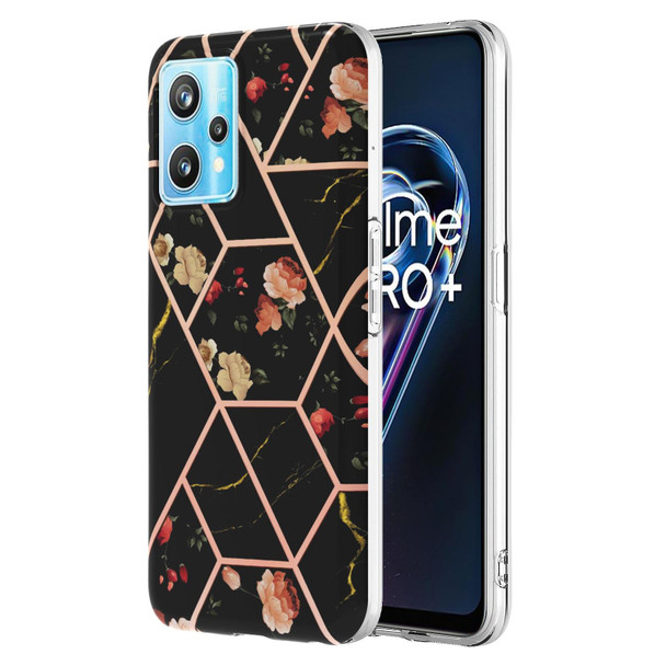 OPPO Realme 9 Pro+ 5G Electroplating Splicing Marble Flower Pattern TPU Shockproof Phone Case(Black Flower)