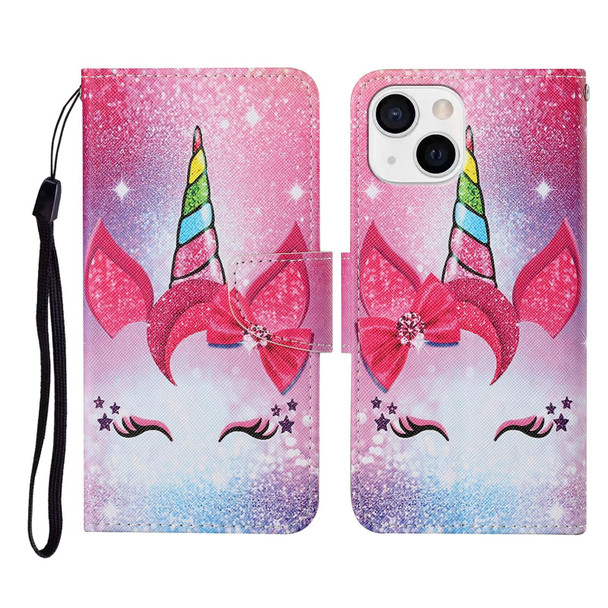 Colored Drawing Pattern Horizontal Flip Leatherette Phone Case - iPhone 13 mini(Eyelash Unicorn)