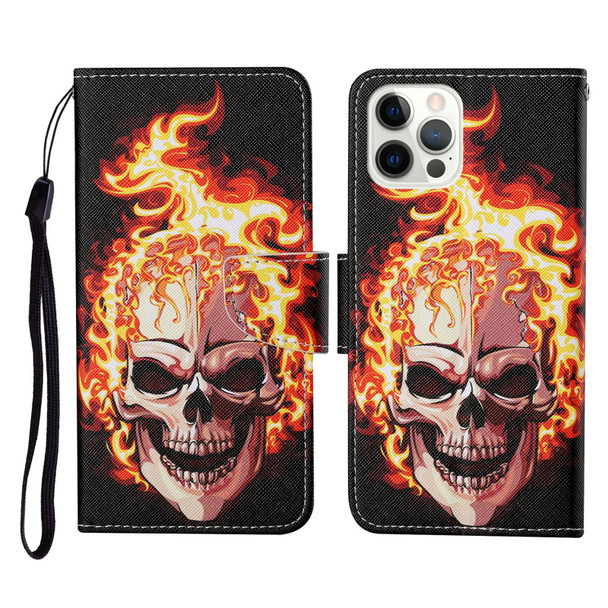 Colored Drawing Pattern Horizontal Flip Leatherette Phone Case - iPhone 13 Pro(Flame Skull)